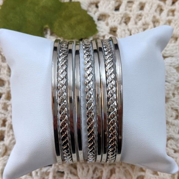 Stacked Silver Tone Cuff Bracelet Multi-Row Bangles - Picture 1 of 8